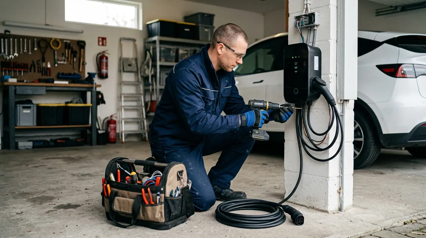 Técnico da SEST MULTI instalando um carregador veicular em garagem